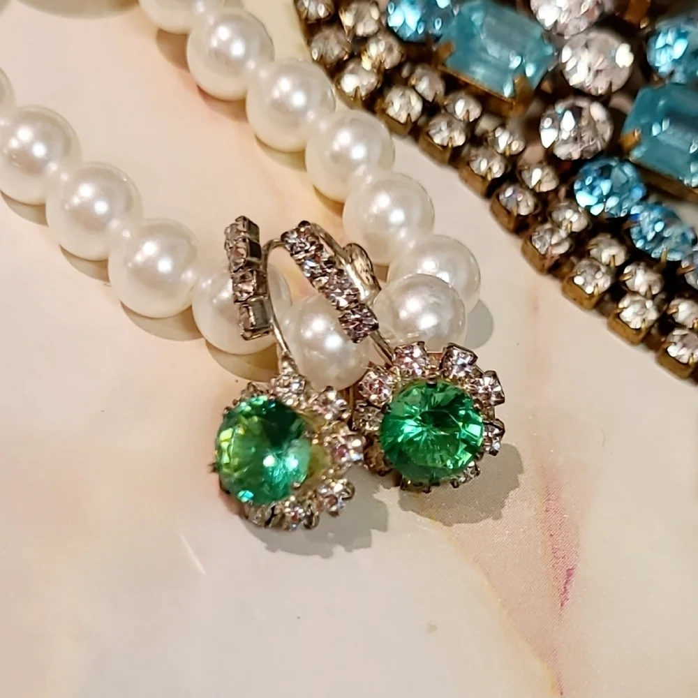 Vintage Green Crystal Rhinestone Lever back Earrings